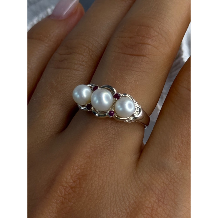 925 Sterling Silver Pearl & Ruby Ring Size 8