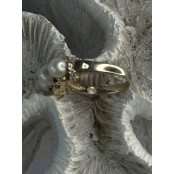 925 Sterling Silver Pearl & Ruby Ring Size 8