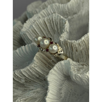 925 Sterling Silver Pearl & Ruby Ring Size 8