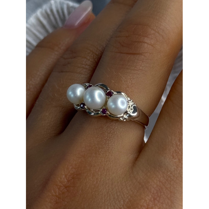 925 Sterling Silver Pearl & Ruby Ring Size 8