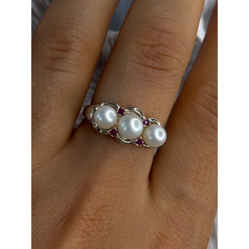 925 Sterling Silver Pearl & Ruby Ring Size 8
