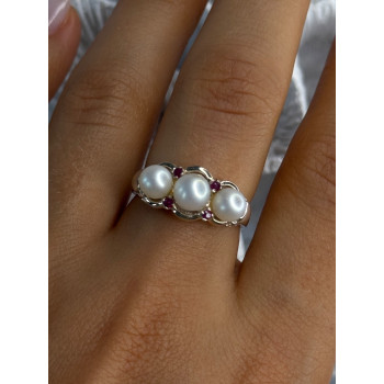 925 Sterling Silver Pearl & Ruby Ring Size 8