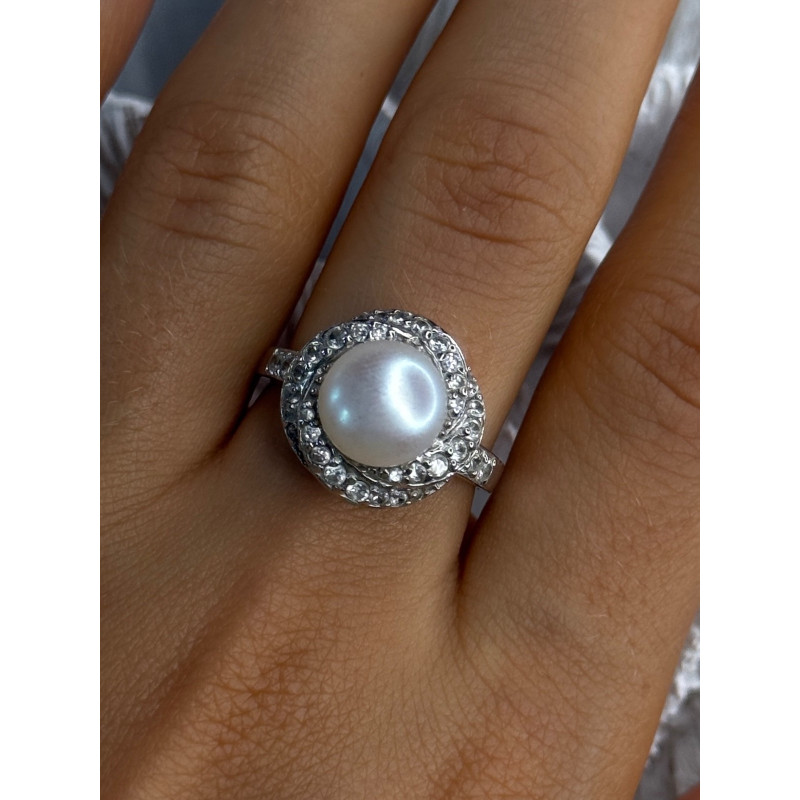 925 Sterling Silver Pearl & Beryl Ring Size 9