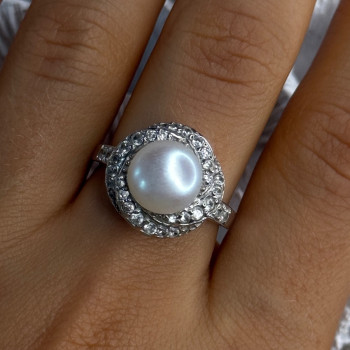 925 Sterling Silver Pearl & Beryl Ring Size 9