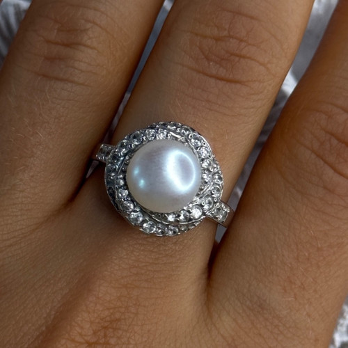 925 Sterling Silver Pearl & Beryl Ring Size 9