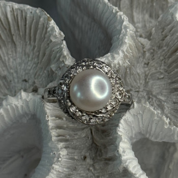 925 Sterling Silver Pearl & Beryl Ring Size 9