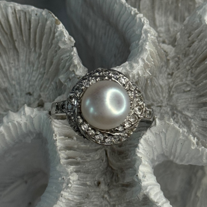 925 Sterling Silver Pearl & Beryl Ring Size 9