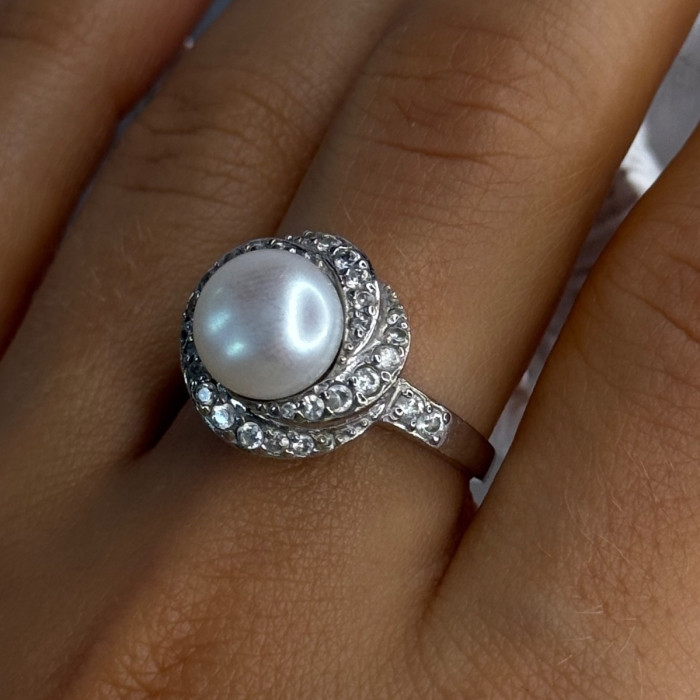 925 Sterling Silver Pearl & Beryl Ring Size 9