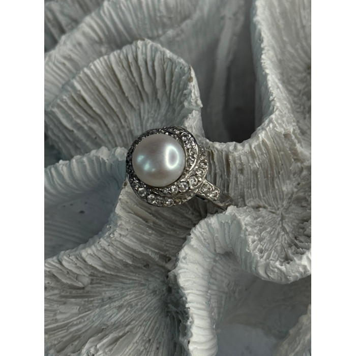925 Sterling Silver Pearl & Beryl Ring Size 9