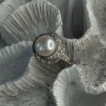 925 Sterling Silver Pearl & Beryl Ring Size 9