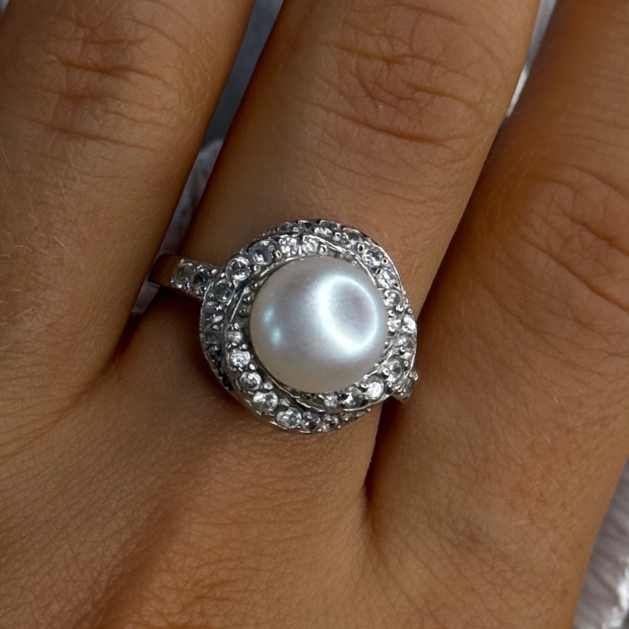 925 Sterling Silver Pearl & Beryl Ring Size 9