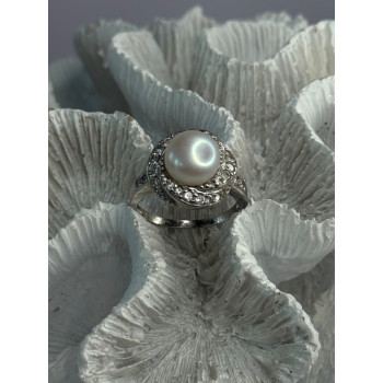 925 Sterling Silver Pearl & Beryl Ring Size 9
