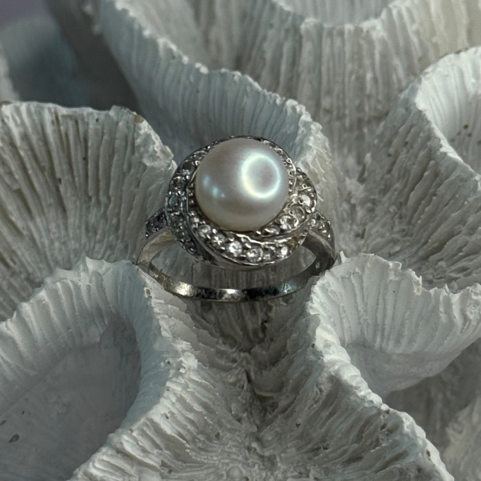 925 Sterling Silver Pearl & Beryl Ring Size 9