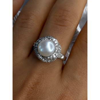 925 Sterling Silver Pearl & Beryl Ring Size 9
