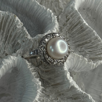 925 Sterling Silver Pearl & Beryl Ring Size 9