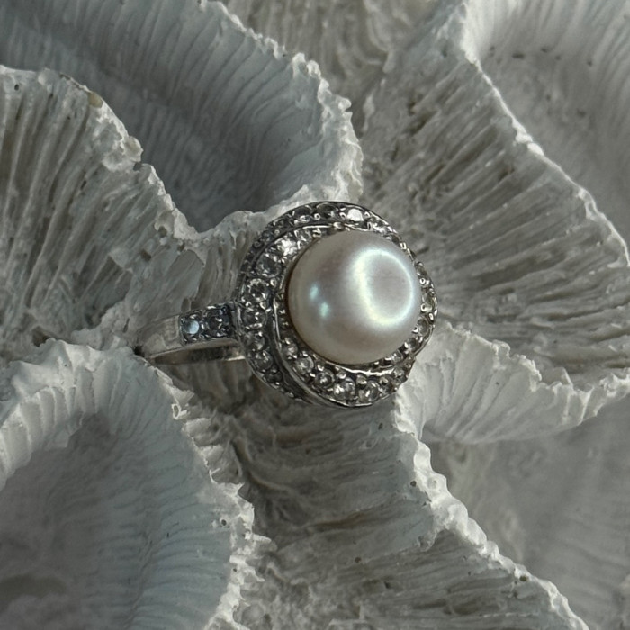 925 Sterling Silver Pearl & Beryl Ring Size 9