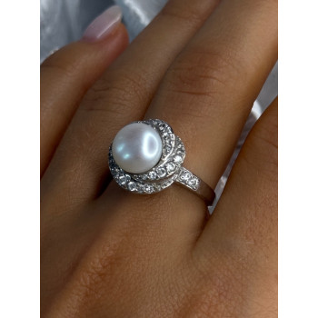 925 Sterling Silver Pearl & Beryl Ring Size 9