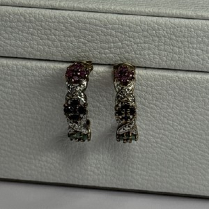 925 Sterling Silver Ruby Sapphire Emerald Earrings Length 0.80 Inch