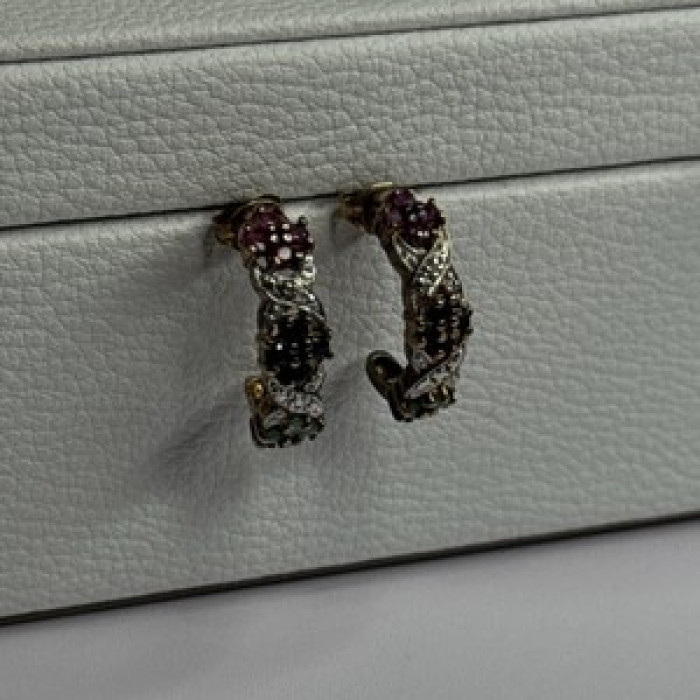 925 Sterling Silver Ruby Sapphire Emerald Earrings Length 0.80 Inch