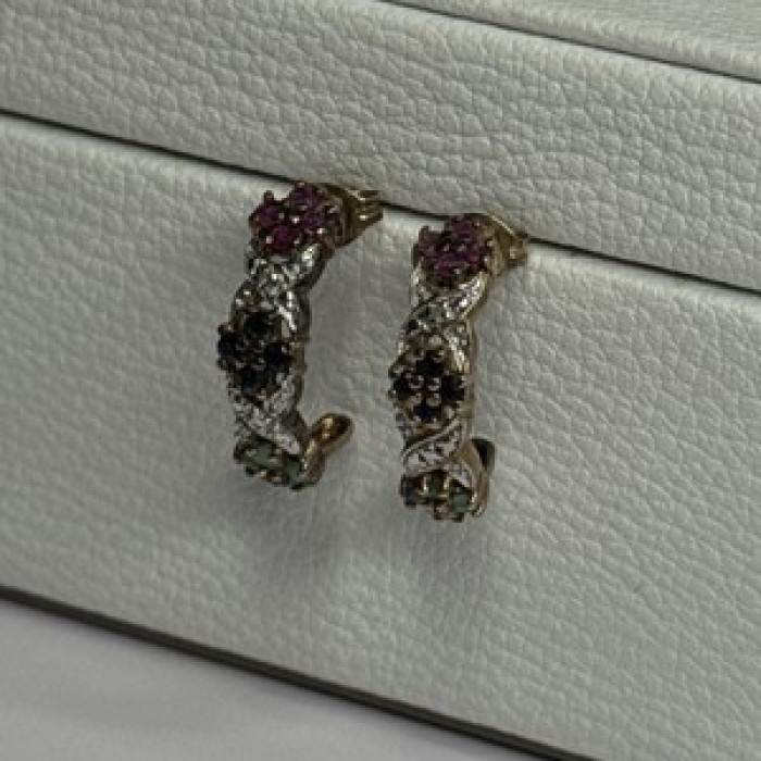 925 Sterling Silver Ruby Sapphire Emerald Earrings Length 0.80 Inch
