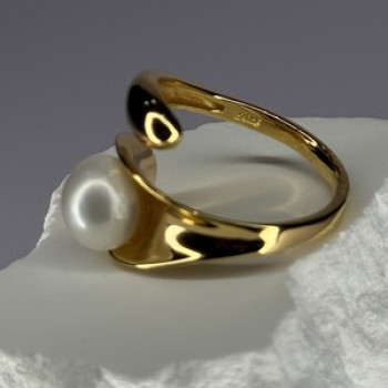 925 Sterling Silver Gold Plated Pearl Ring Size Adjustable