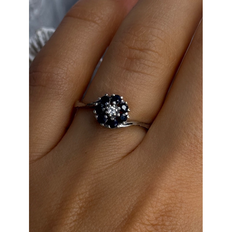925 Sterling Silver Blue & White Sapphire Flower Ring Sizable