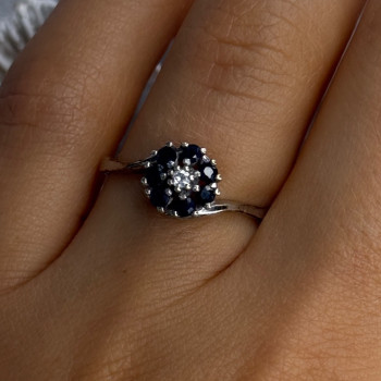 925 Sterling Silver Blue & White Sapphire Flower Ring Sizable