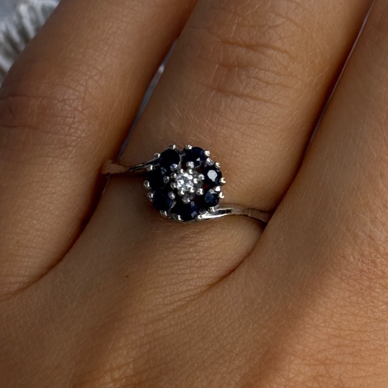 925 Sterling Silver Blue & White Sapphire Flower Ring Sizable