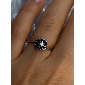 925 Sterling Silver Blue & White Sapphire Flower Ring Sizable