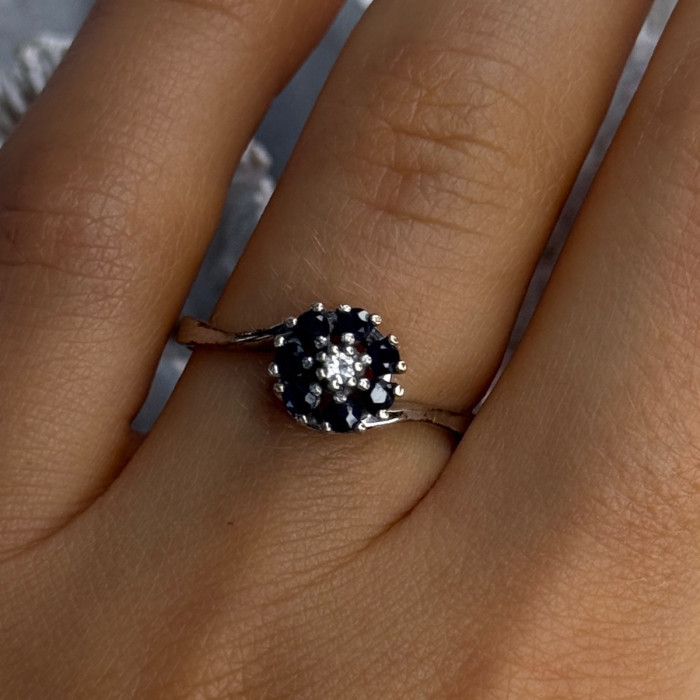 925 Sterling Silver Blue & White Sapphire Flower Ring Sizable