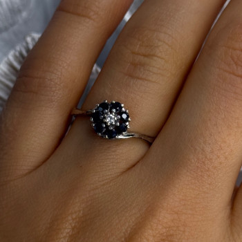 925 Sterling Silver Blue & White Sapphire Flower Ring Sizable