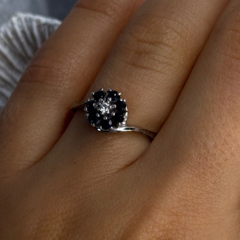 925 Sterling Silver Blue & White Sapphire Flower Ring Sizable