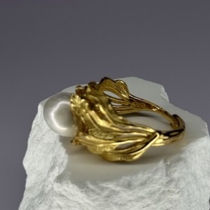 925 Sterling Silver Gold Plated Pearl Ring Size Adjustable