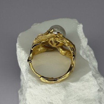 925 Sterling Silver Gold Plated Pearl Ring Size Adjustable