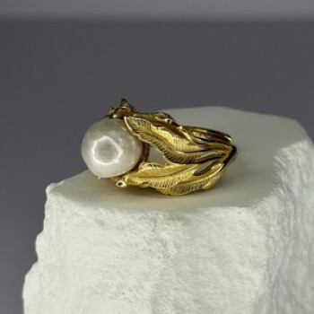 925 Sterling Silver Gold Plated Pearl Ring Size Adjustable