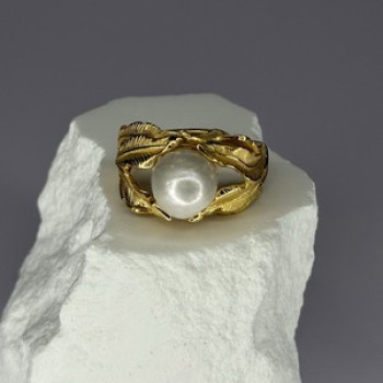 925 Sterling Silver Gold Plated Pearl Ring Size Adjustable