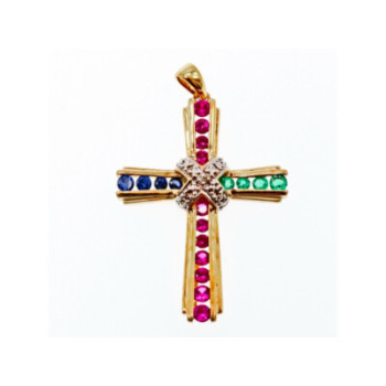 925 Sterling Silver Gold Plated Emerald, Pink & Blue Topaz Cross Pendant
