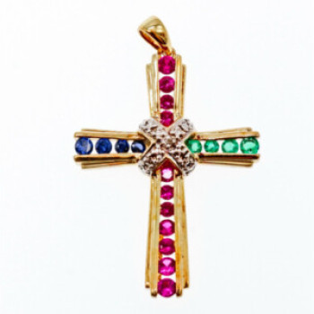925 Sterling Silver Gold Plated Emerald, Pink & Blue Topaz Cross Pendant