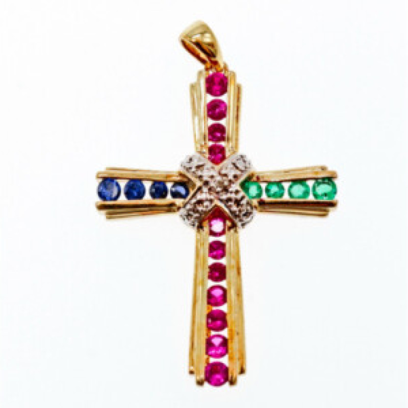 925 Sterling Silver Gold Plated Emerald, Pink & Blue Topaz Cross Pendant