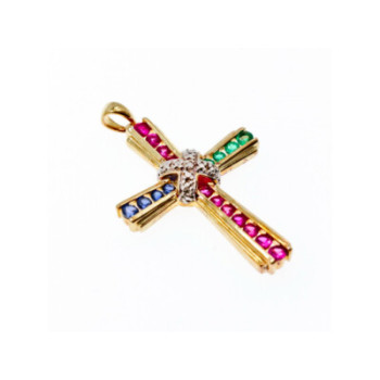 925 Sterling Silver Gold Plated Emerald, Pink & Blue Topaz Cross Pendant