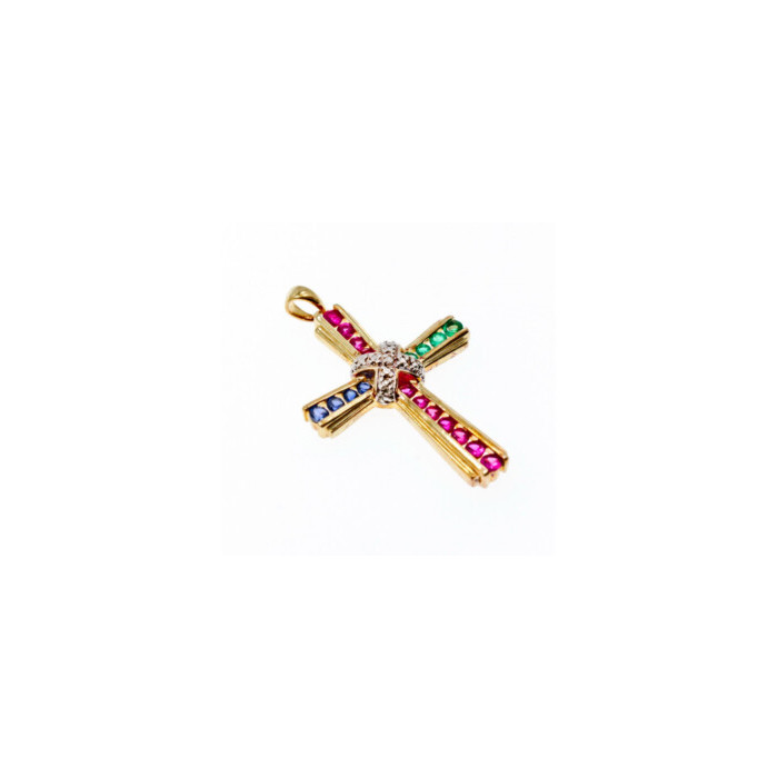 925 Sterling Silver Gold Plated Emerald, Pink & Blue Topaz Cross Pendant
