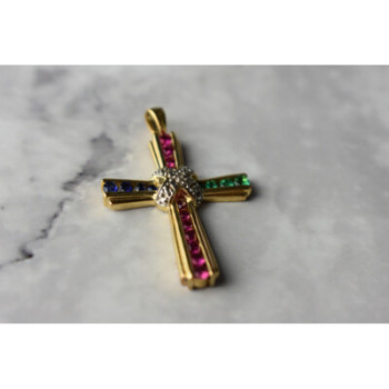 925 Sterling Silver Gold Plated Emerald, Pink & Blue Topaz Cross Pendant