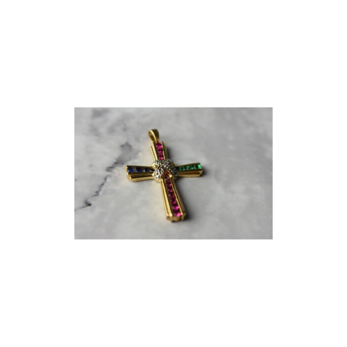 925 Sterling Silver Gold Plated Emerald, Pink & Blue Topaz Cross Pendant