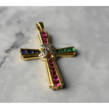925 Sterling Silver Gold Plated Emerald, Pink & Blue Topaz Cross Pendant