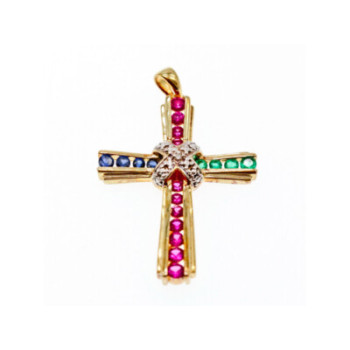 925 Sterling Silver Gold Plated Emerald, Pink & Blue Topaz Cross Pendant