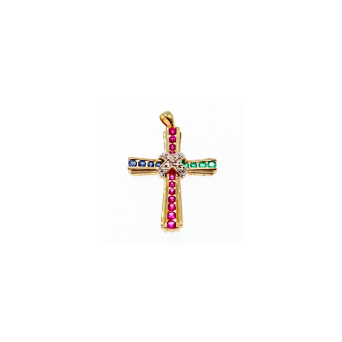 925 Sterling Silver Gold Plated Emerald, Pink & Blue Topaz Cross Pendant