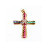 925 Sterling Silver Gold Plated Emerald, Pink & Blue Topaz Cross Pendant