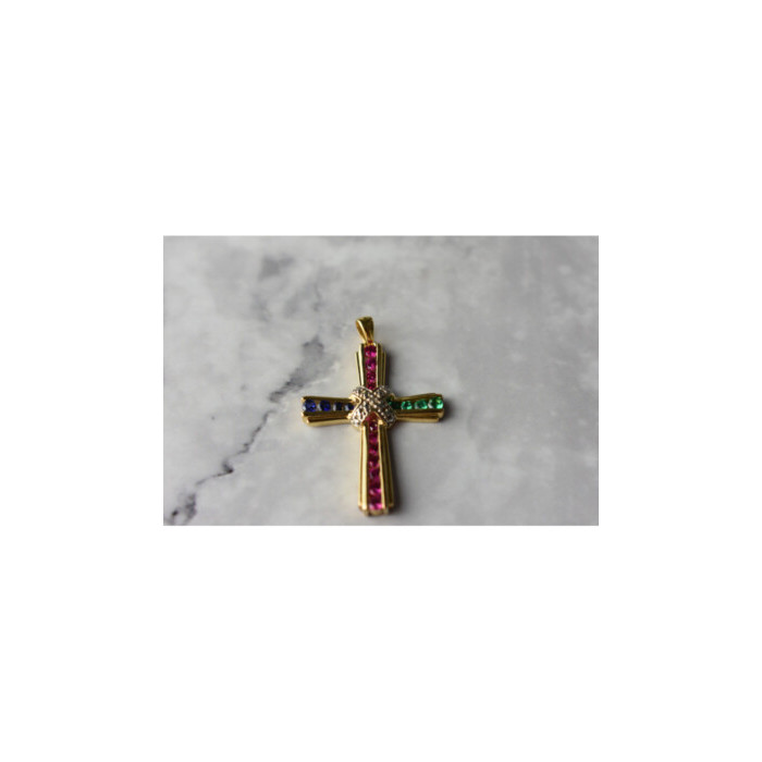 925 Sterling Silver Gold Plated Emerald, Pink & Blue Topaz Cross Pendant