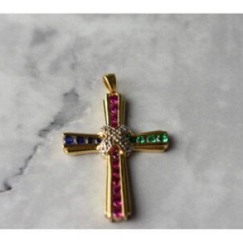 925 Sterling Silver Gold Plated Emerald, Pink & Blue Topaz Cross Pendant