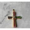 925 Sterling Silver Gold Plated Emerald, Pink & Blue Topaz Cross Pendant